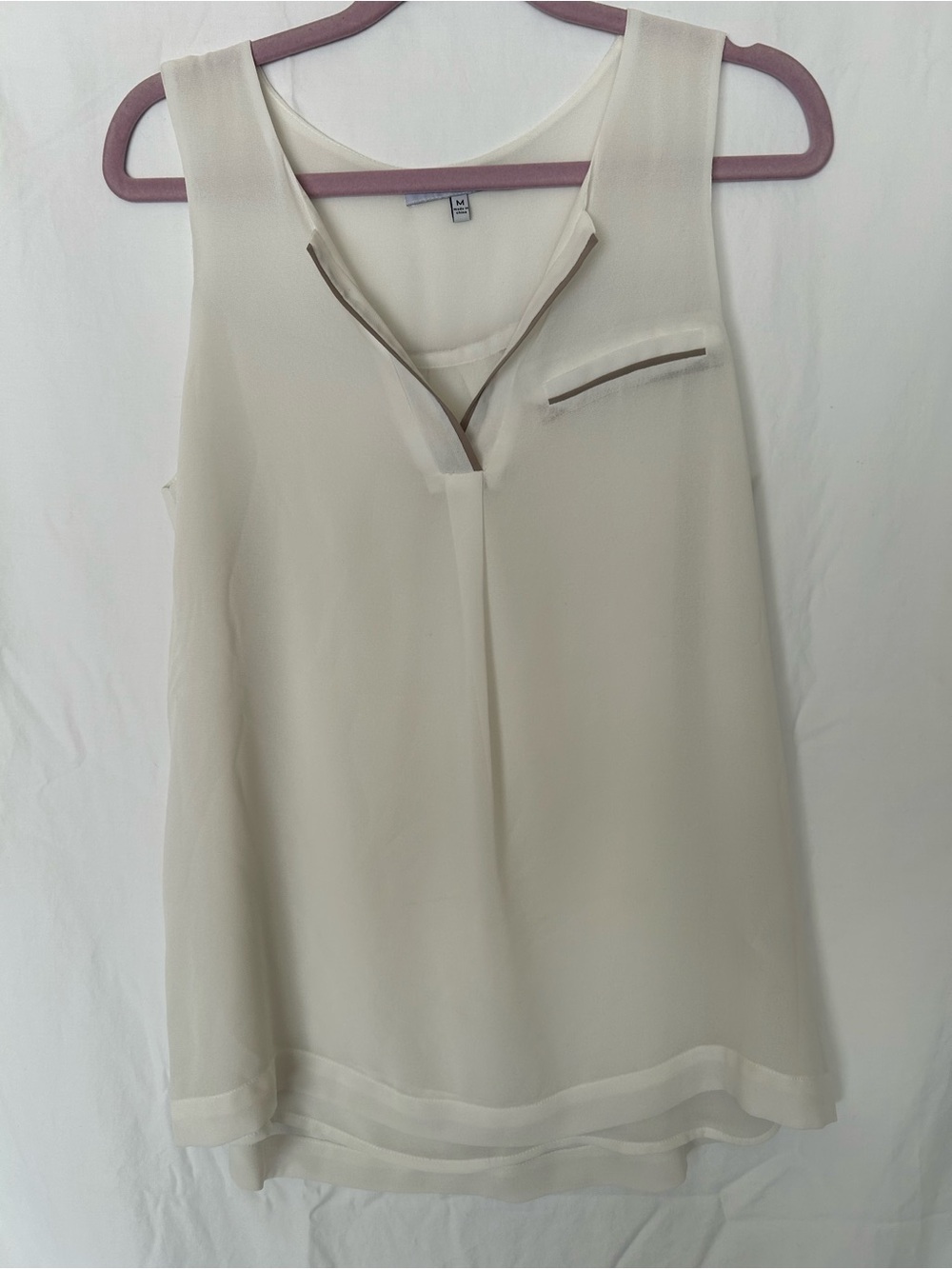 Naked Zebra Medium Cream Layered Sheer Sleeveless Blouse Taupe Trim